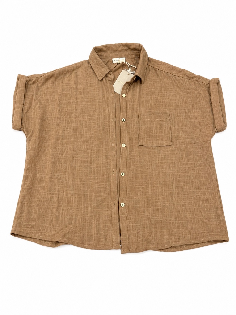 ee:some Women’s 100% Cotton Gauze Button Front Camp Shirt Tan Size Large NWT